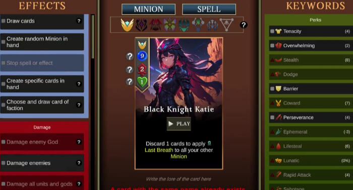 The cards editor of Ariokan, where players can create their own cards