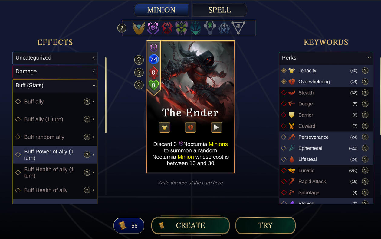 The cards editor of Ariokan, where players can create their own cards